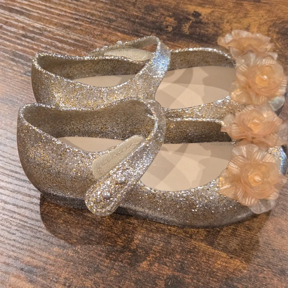 Mini Melissa Toddler Gold Glitter Mary Jane Jelly Shoes Floral Rose Size 6c 22EU